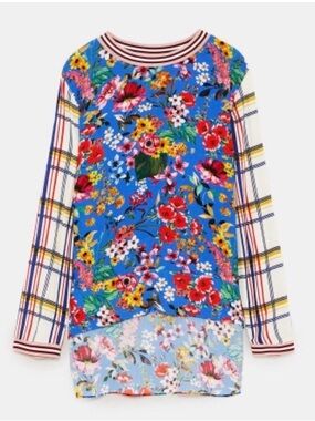 Zara women's multicolor floral and plaid long sleeve ringer top size XS